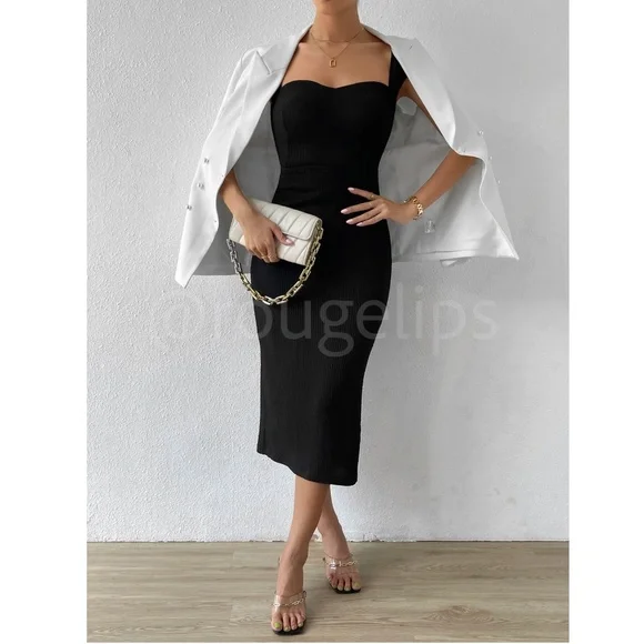 Sweetheart Neckline Decollete Black Pencil Dress Lace Up Back Slit Midi - Picture 4 of 9